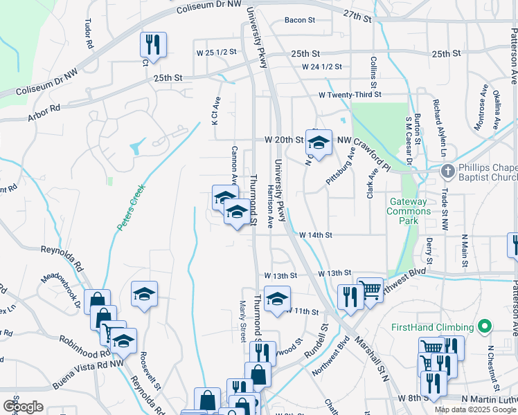 map of restaurants, bars, coffee shops, grocery stores, and more near 1420 Harrison Avenue in Winston-Salem