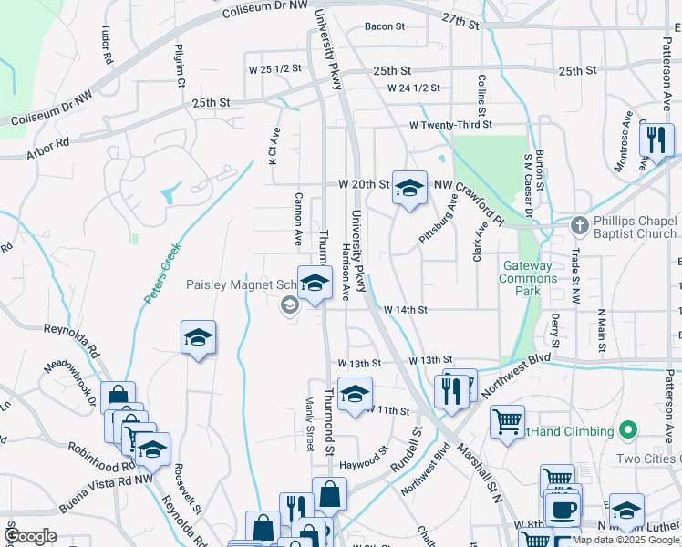 map of restaurants, bars, coffee shops, grocery stores, and more near 1420 Harrison Ave in Winston-Salem