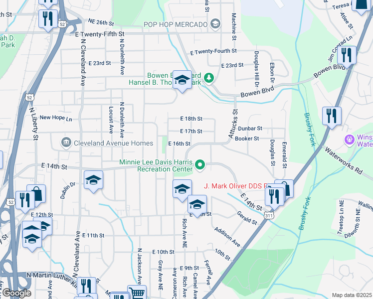 map of restaurants, bars, coffee shops, grocery stores, and more near 1426 Dellabrook Road in Winston-Salem