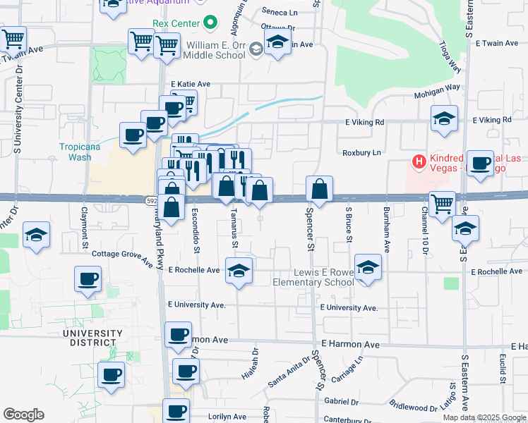 map of restaurants, bars, coffee shops, grocery stores, and more near 1569 East Flamingo Road in Las Vegas