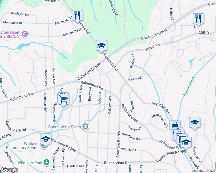 map of restaurants, bars, coffee shops, grocery stores, and more near 901 Arbor Road in Winston-Salem