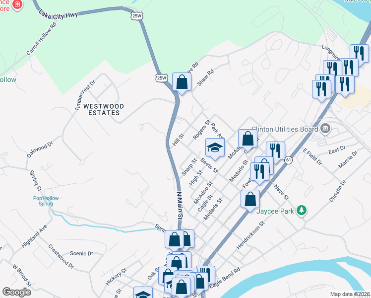 map of restaurants, bars, coffee shops, grocery stores, and more near 726 Byrd Street in Clinton