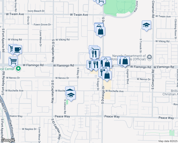 map of restaurants, bars, coffee shops, grocery stores, and more near 8725 West Flamingo Road in Las Vegas