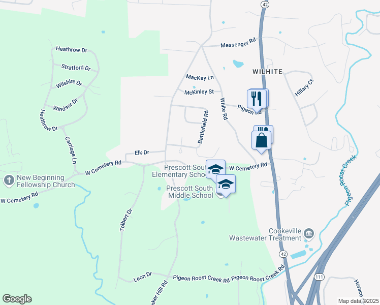map of restaurants, bars, coffee shops, grocery stores, and more near 190 Battlefield Road in Cookeville