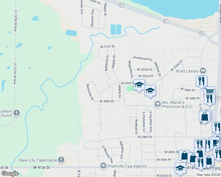 map of restaurants, bars, coffee shops, grocery stores, and more near 3302 Bahama Drive in Sand Springs