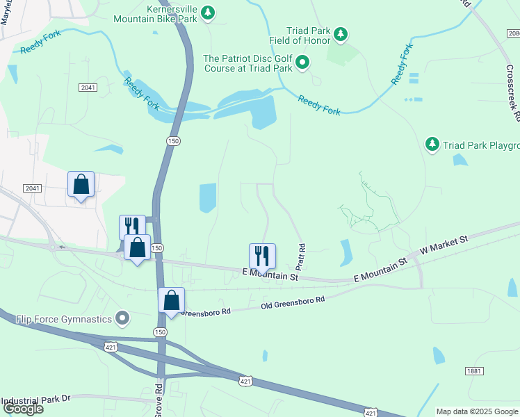 map of restaurants, bars, coffee shops, grocery stores, and more near 167 Kentland Ridge Drive in Kernersville
