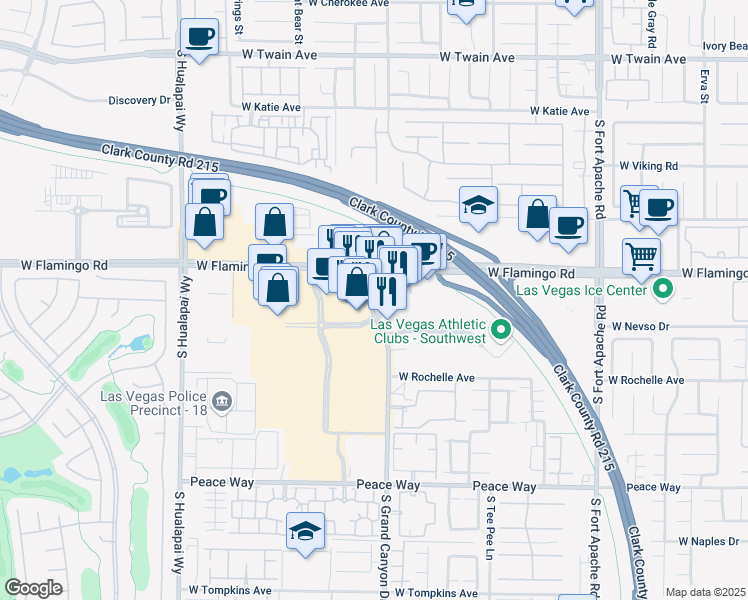 map of restaurants, bars, coffee shops, grocery stores, and more near 8301 West Flamingo Road in Las Vegas