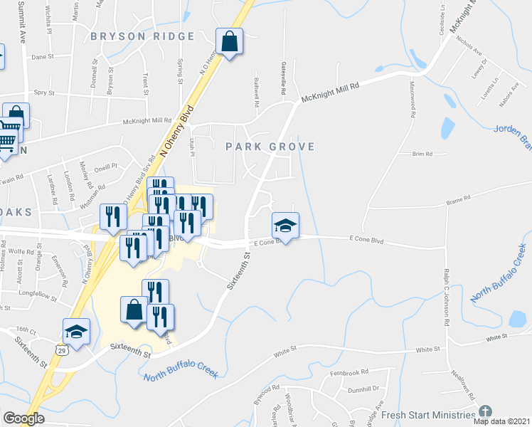 map of restaurants, bars, coffee shops, grocery stores, and more near 2500 16th Street in Greensboro
