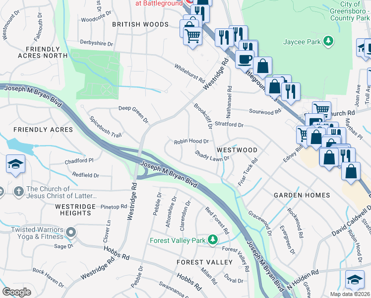 map of restaurants, bars, coffee shops, grocery stores, and more near 1706 Lewellyn Drive in Greensboro