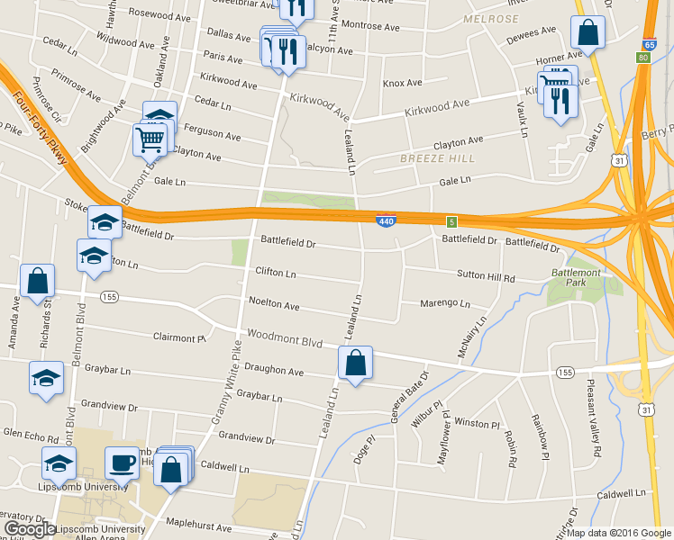 map of restaurants, bars, coffee shops, grocery stores, and more near 1012 Clifton Lane in Nashville