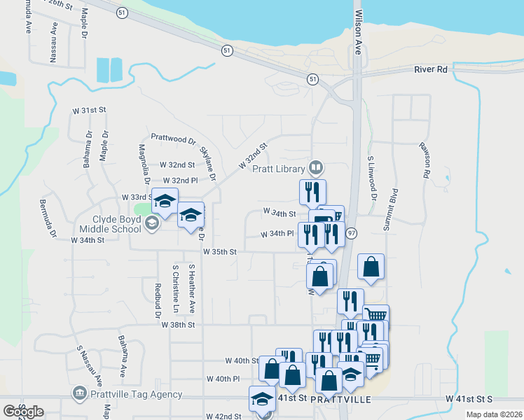 map of restaurants, bars, coffee shops, grocery stores, and more near 15 West 34th Street in Sand Springs