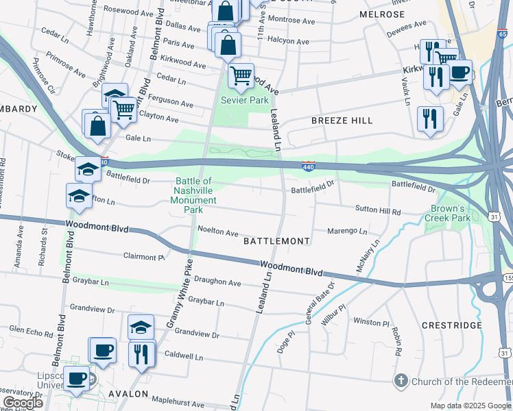 map of restaurants, bars, coffee shops, grocery stores, and more near 1012 Clifton Lane in Nashville