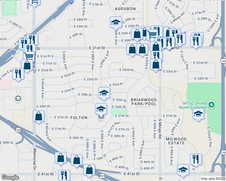 map of restaurants, bars, coffee shops, grocery stores, and more near 9003 East 34th Street in Tulsa