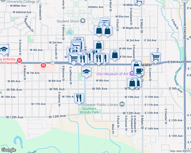 map of restaurants, bars, coffee shops, grocery stores, and more near 717 South Hester Street in Stillwater