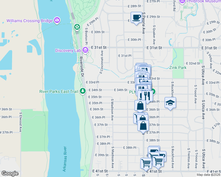 map of restaurants, bars, coffee shops, grocery stores, and more near 245 East 34th Street in Tulsa