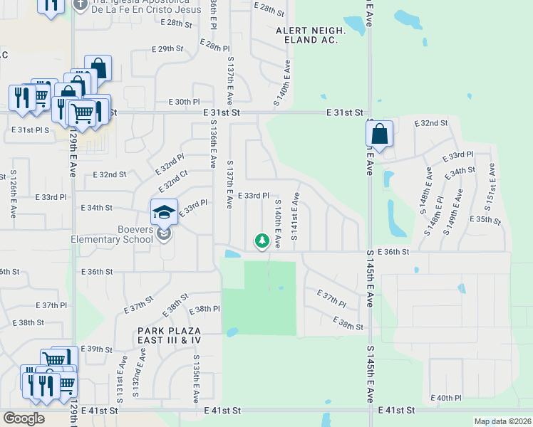 map of restaurants, bars, coffee shops, grocery stores, and more near 3325 S 139th E Ave in Tulsa