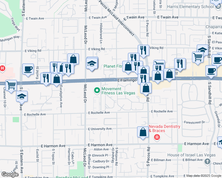 map of restaurants, bars, coffee shops, grocery stores, and more near 3185 East Flamingo Road in Las Vegas