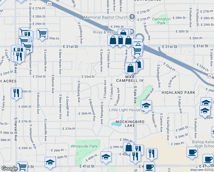 map of restaurants, bars, coffee shops, grocery stores, and more near 3509 South Toledo Avenue in Tulsa