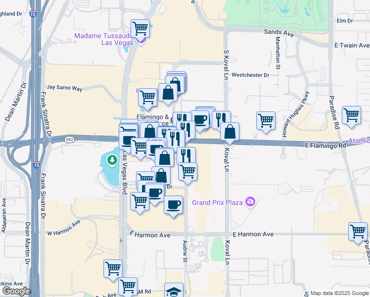 map of restaurants, bars, coffee shops, grocery stores, and more near 3645 South Las Vegas Boulevard in Las Vegas