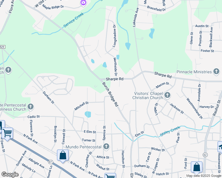map of restaurants, bars, coffee shops, grocery stores, and more near 1007 Burch Bridge Road in Burlington