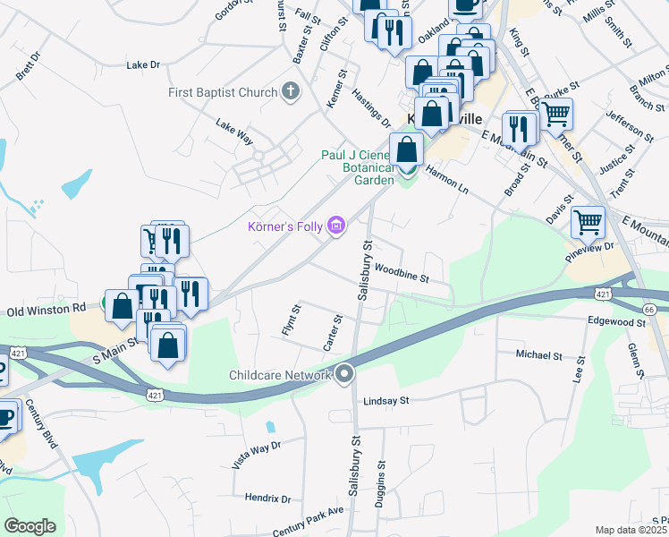 map of restaurants, bars, coffee shops, grocery stores, and more near 113 Pineview Drive in Kernersville
