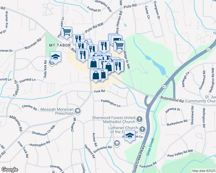 map of restaurants, bars, coffee shops, grocery stores, and more near 810 Chartwell Circle in Winston-Salem