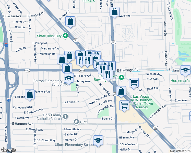map of restaurants, bars, coffee shops, grocery stores, and more near 4154 Sheppard Drive in Las Vegas