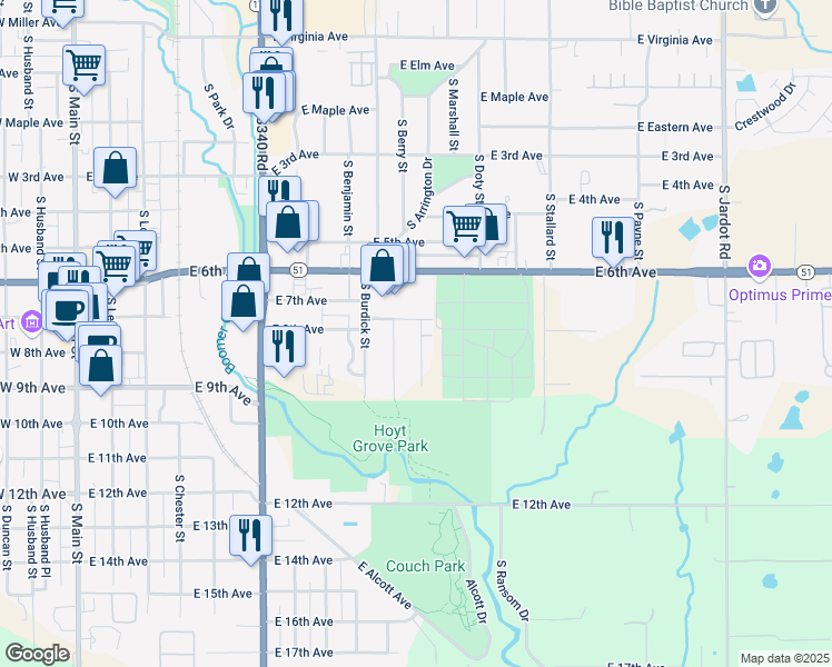 map of restaurants, bars, coffee shops, grocery stores, and more near 806 South Leigh Street in Stillwater
