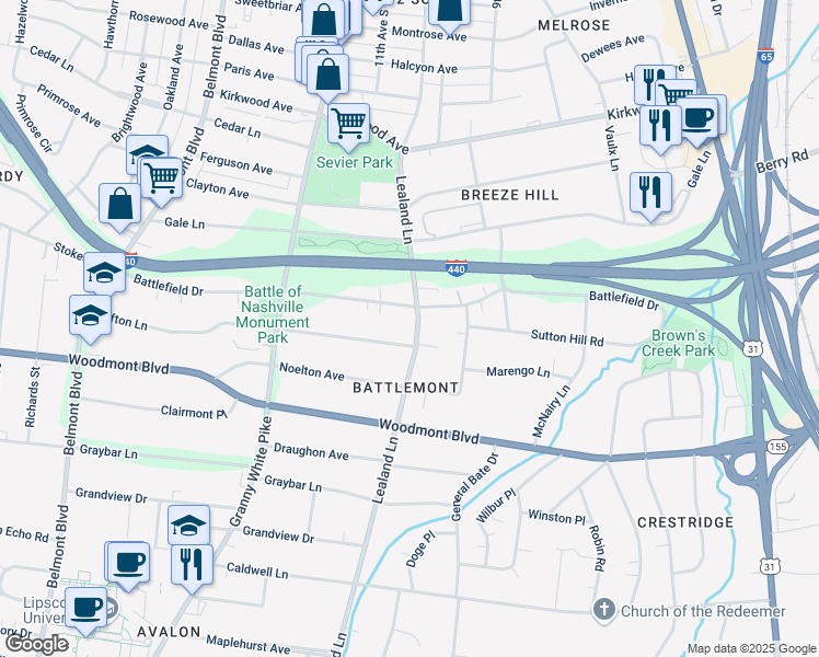 map of restaurants, bars, coffee shops, grocery stores, and more near 3305 Lealand Lane in Nashville