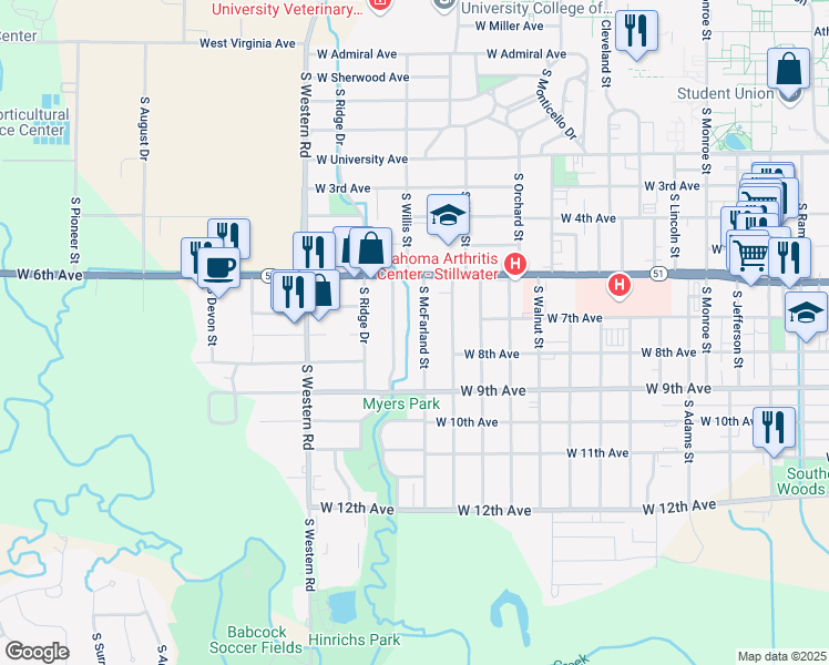 map of restaurants, bars, coffee shops, grocery stores, and more near 706 South McFarland Street in Stillwater