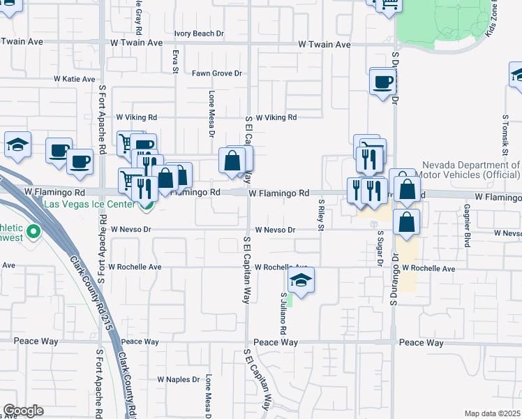 map of restaurants, bars, coffee shops, grocery stores, and more near 8987 West Flamingo Road in Las Vegas