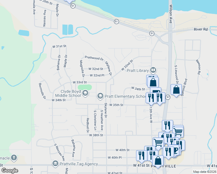 map of restaurants, bars, coffee shops, grocery stores, and more near 3310 Springtree Lane in Sand Springs
