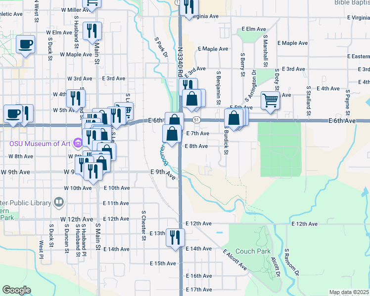 map of restaurants, bars, coffee shops, grocery stores, and more near 810 South Perkins Road in Stillwater