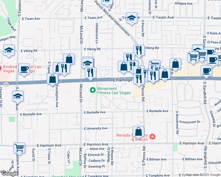 map of restaurants, bars, coffee shops, grocery stores, and more near 3185 East Flamingo Road in Las Vegas