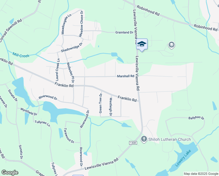 map of restaurants, bars, coffee shops, grocery stores, and more near 7145 Franklin Road in Lewisville