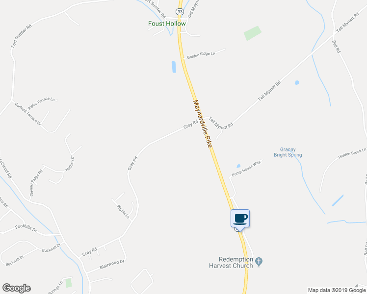 map of restaurants, bars, coffee shops, grocery stores, and more near 5302 Gray Road in Knoxville