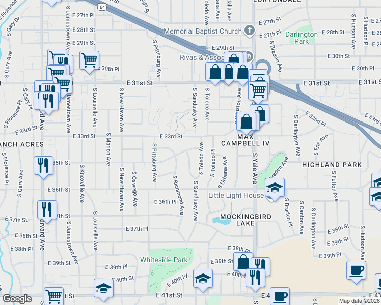 map of restaurants, bars, coffee shops, grocery stores, and more near 4406 East 35th Street in Tulsa