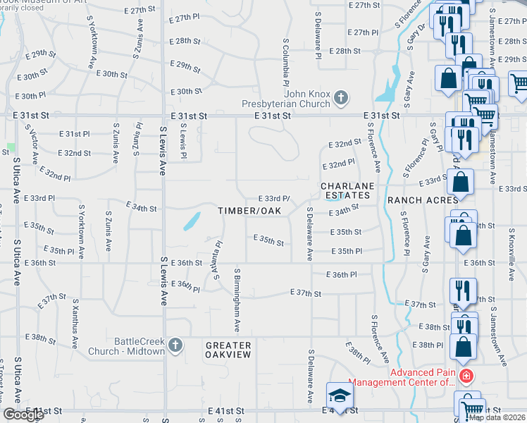map of restaurants, bars, coffee shops, grocery stores, and more near 2623 E 34th St in Tulsa