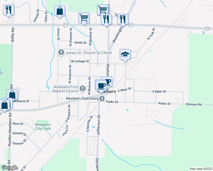 map of restaurants, bars, coffee shops, grocery stores, and more near 117 Washington Street in Newbern