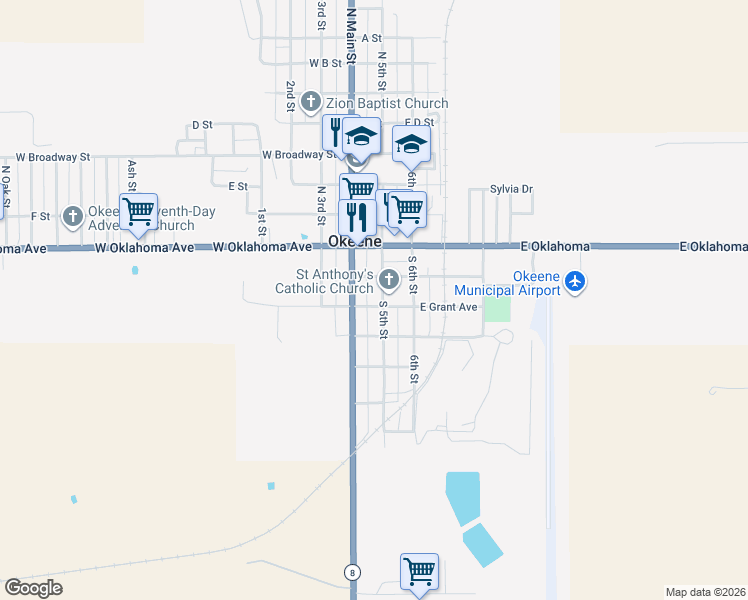 map of restaurants, bars, coffee shops, grocery stores, and more near 218 South 5th Street in Okeene