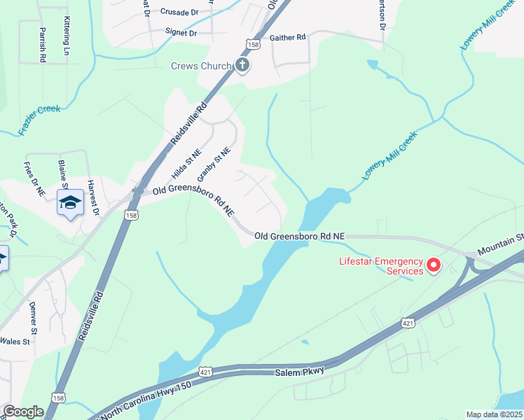 map of restaurants, bars, coffee shops, grocery stores, and more near 135 Lowery Mill Lane in Winston-Salem
