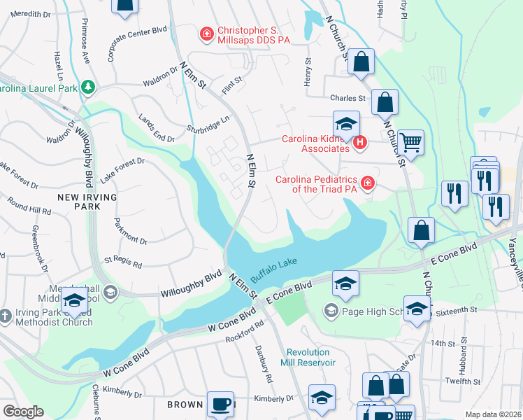 map of restaurants, bars, coffee shops, grocery stores, and more near 3 Elm Ridge Court in Greensboro