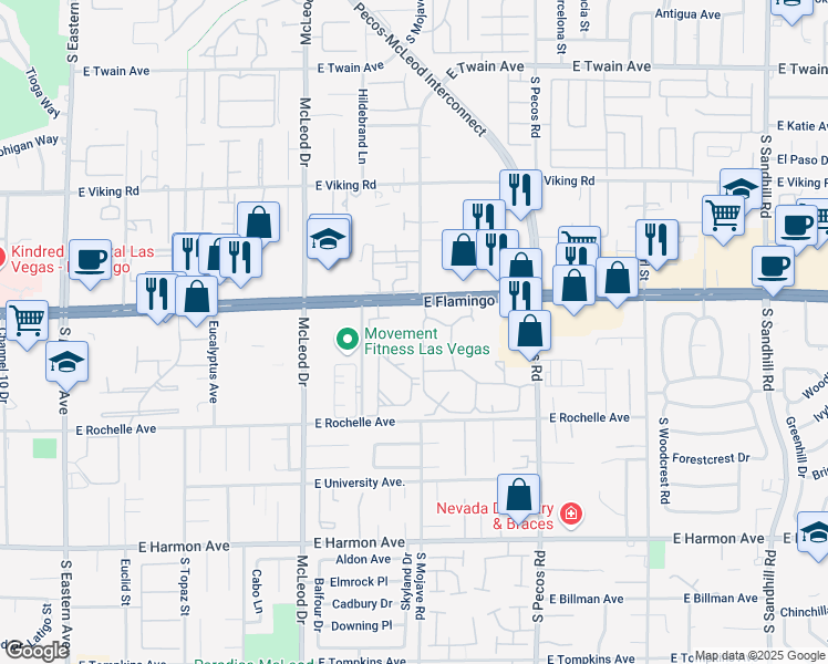 map of restaurants, bars, coffee shops, grocery stores, and more near 3185 East Flamingo Road in Las Vegas