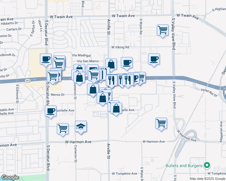 map of restaurants, bars, coffee shops, grocery stores, and more near 4321 Nevada 592 in Las Vegas