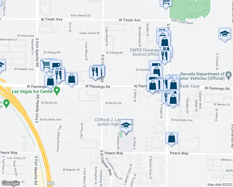 map of restaurants, bars, coffee shops, grocery stores, and more near 8883 West Flamingo Road in Las Vegas