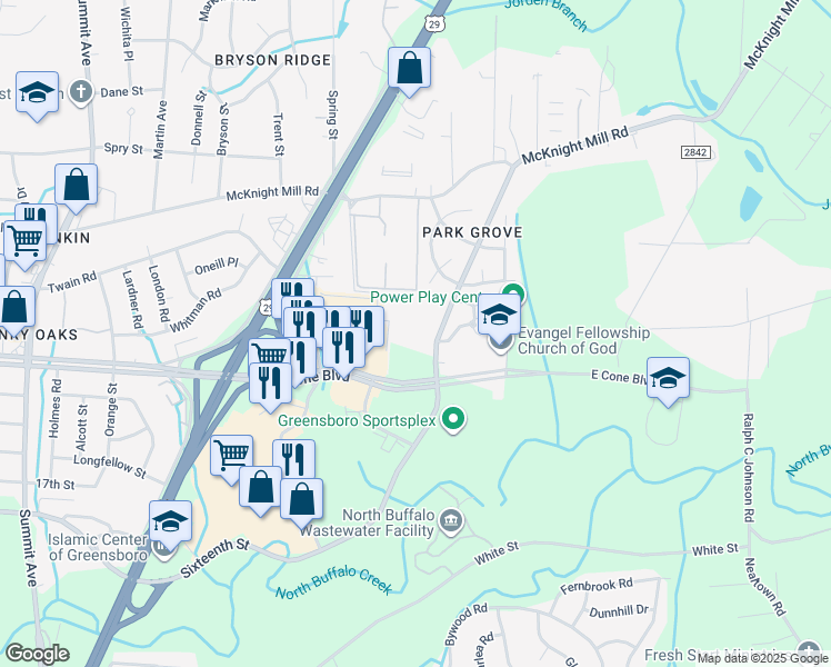 map of restaurants, bars, coffee shops, grocery stores, and more near 2571 Sixteenth Street in Greensboro