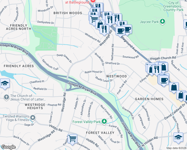map of restaurants, bars, coffee shops, grocery stores, and more near 1706 Lewellyn Drive in Greensboro