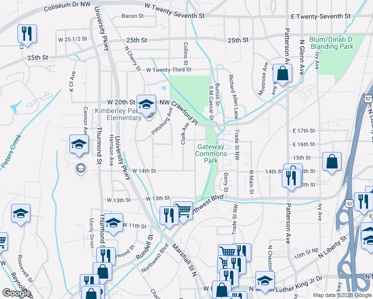 map of restaurants, bars, coffee shops, grocery stores, and more near 1426 Underwood Avenue in Winston-Salem