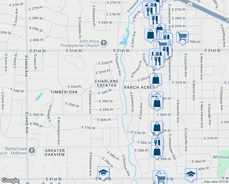 map of restaurants, bars, coffee shops, grocery stores, and more near 2878 East 34th Street in Tulsa