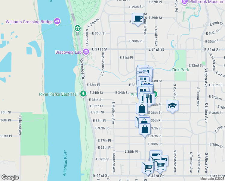 map of restaurants, bars, coffee shops, grocery stores, and more near 245 East 34th Street in Tulsa